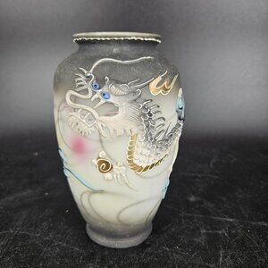 Vint Japanese Moriage Dragon Ware Vase Gray White 5" Porcelain Hand Painted Blue